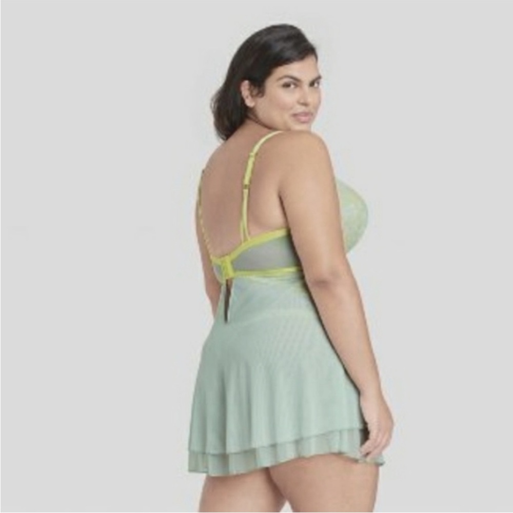 Auden 2 piece babydoll push-up sheer nightgown green yellow lace thong panty new - Picture 2 of 8